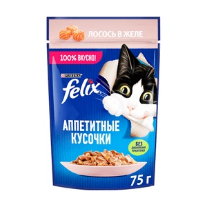 Влажный корм для кошек "Felix", Purina, лосось в желе, 75 г