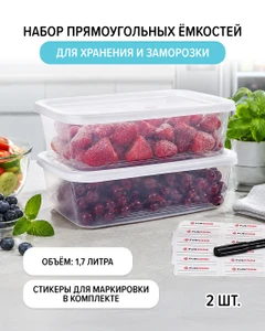 Набор прямоугольных ёмкостей для хранения и заморозки, FunCook, 1,7 л, 2 шт.
