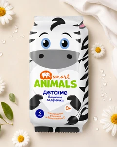 Салфетки влажные детские, Smart animals, 8 шт., в ассортименте