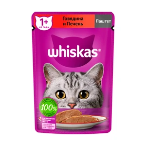 Корм для кошек, WHISKAS, паштет, говядина-печень, 75 г