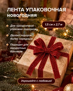 Лента упаковочная новогодняя, Снежное кружево, 1,5 см х 2,7 м, в ассортименте