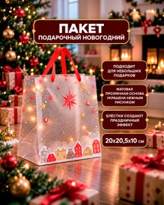 Пакет подарочный новогодний, Снежное кружево, 20х20,5х10 см, в ассортименте
