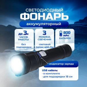 Фонарь светодиодный аккумуляторный с кабелем USB, FLARX