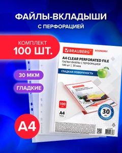 Папка-вкладыш с перфорацией, Brauberg, А4, 100 шт.