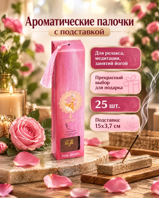 Ароматические палочки с подставкой, LiveFresh, 25 шт., в ассортименте