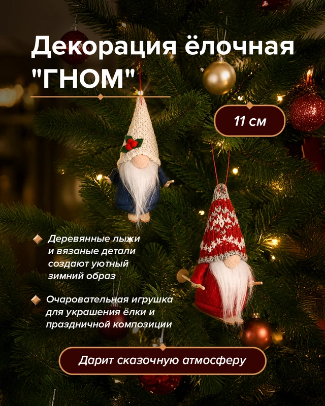 Декорация ёлочная "Гном", Снежное кружево, 11 см, в ассортименте