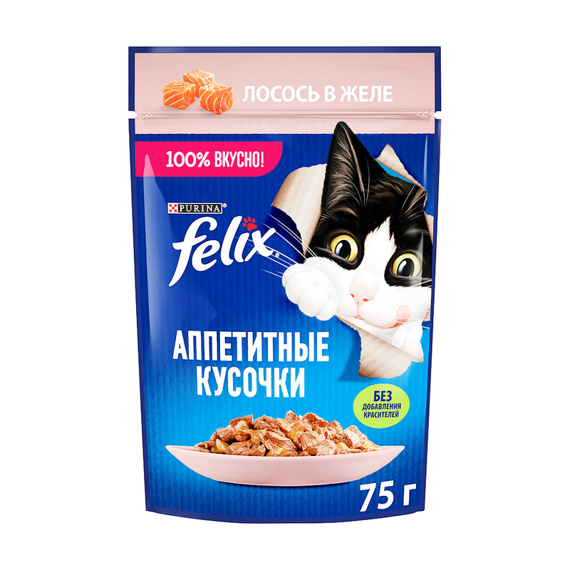 Влажный корм для кошек "Felix", Purina, лосось в желе, 75 г