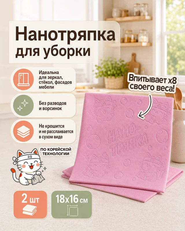 Нанотряпка, BonHome, 18х16 см, 2 шт., в ассортименте