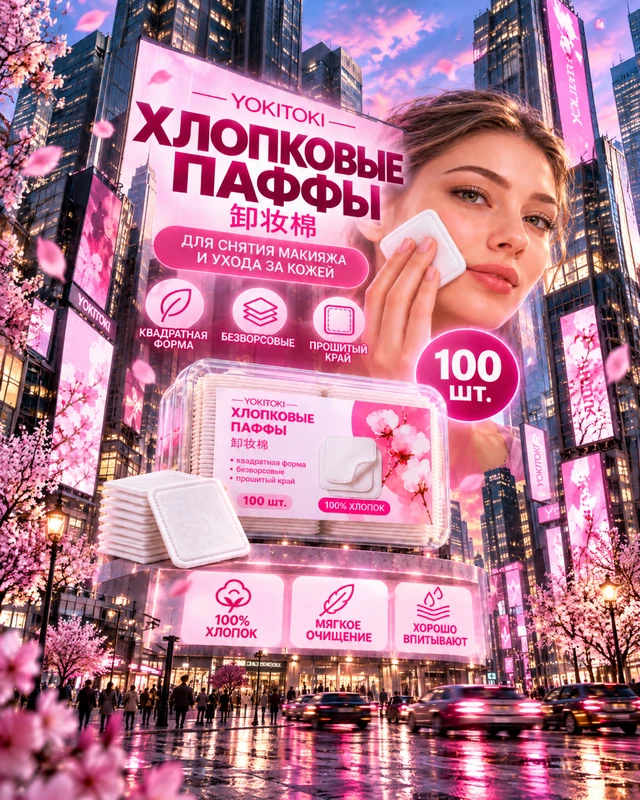 Хлопковые паффы, YOKITOKI, 100 шт., в ассортименте