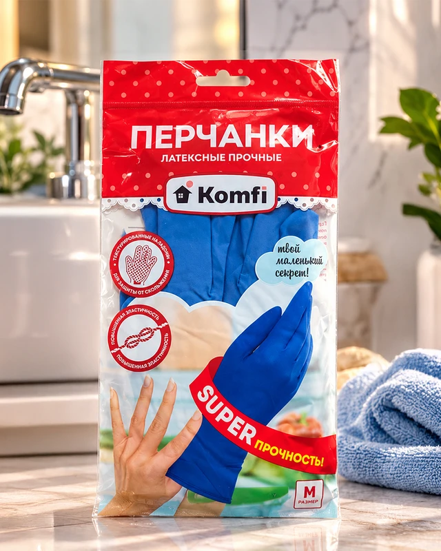 Перчатки хозяйственные латексные с хлопковым напылением, Komfi, в ассортименте