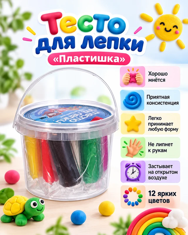 Тесто для лепки "Пластишка", LORI, 12 цветов