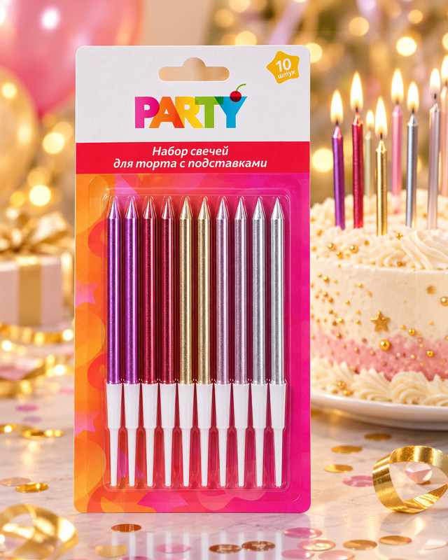 Набор свечей для торта, PARTY, 10 шт., в ассортименте