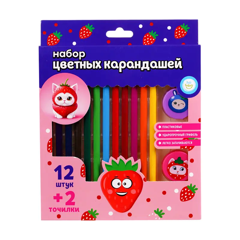 Набор цветных карандашей, Kid's Fantasy, 12 шт. + 2 точилки, в ассортименте