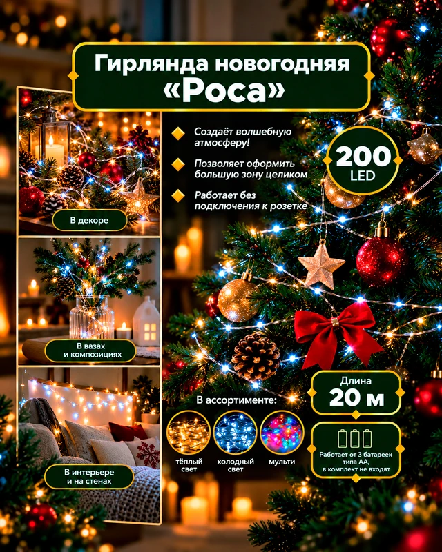 Гирлянда новогодняя "Роса", Снежное кружево, 20 м, в ассортименте