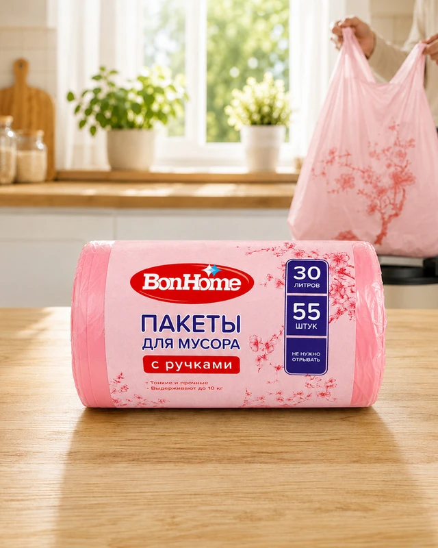 Пакеты для мусора с ручками с печатью, 30 л, 55 шт.