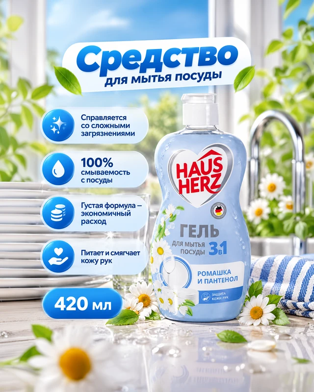 Средство для мытья посуды, HausHerz, 420 мл, в ассортименте