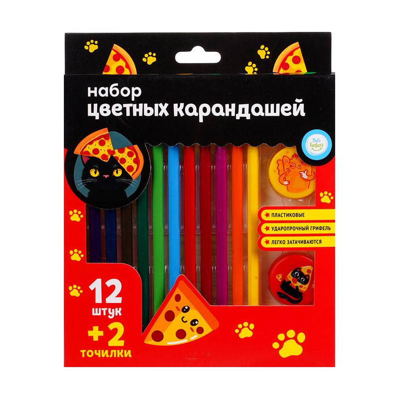 Набор цветных карандашей, Kid's Fantasy, 12 шт. + 2 точилки, в ассортименте