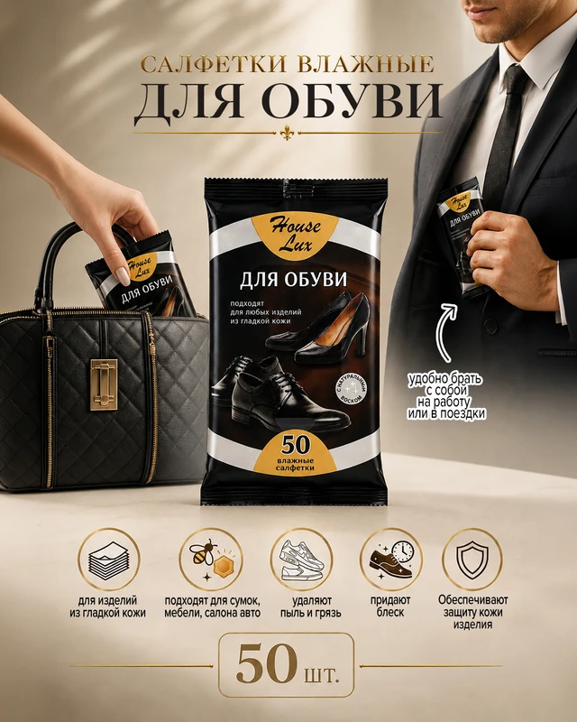Салфетки влажные для обуви, 50 шт.