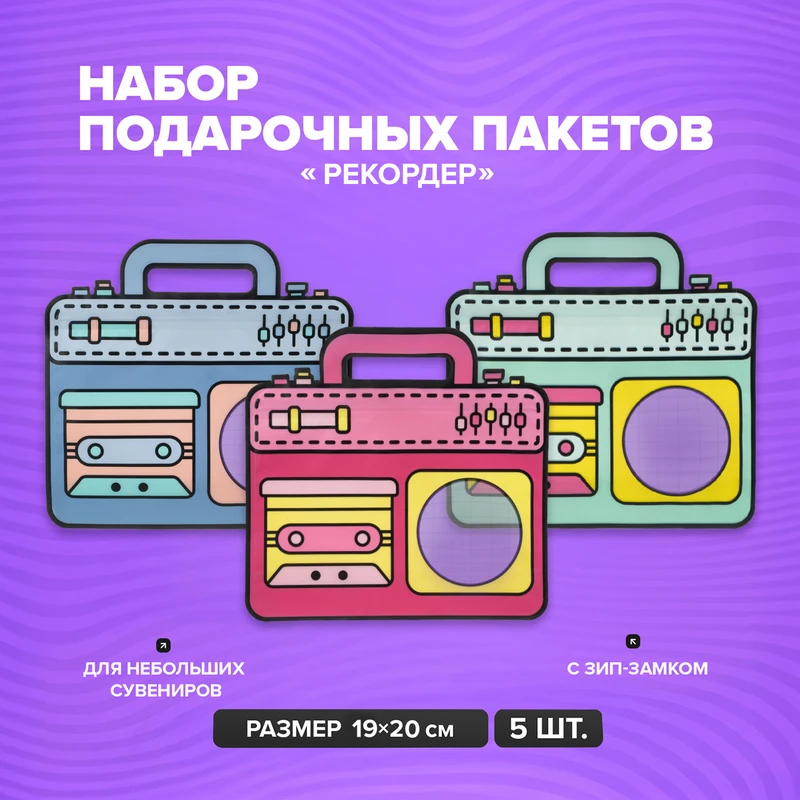 Набор пакетов с зип-замком "Рекордер", PARTY, 5 шт., в ассортименте