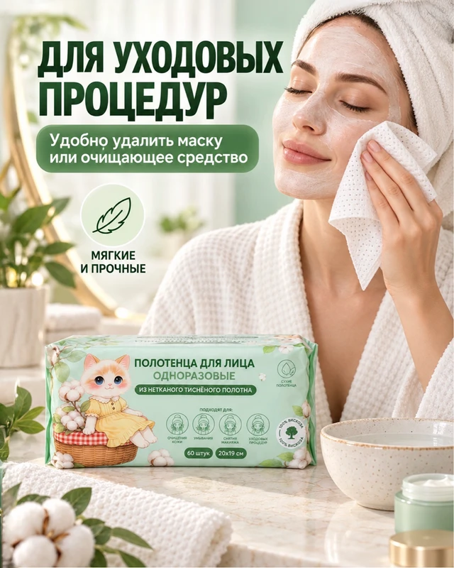 Полотенца для лица одноразовые, 20x19 см, 60 шт.