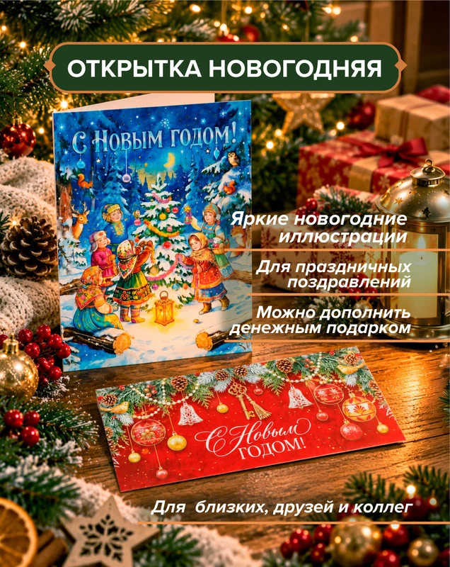 Открытка новогодняя, в ассортименте