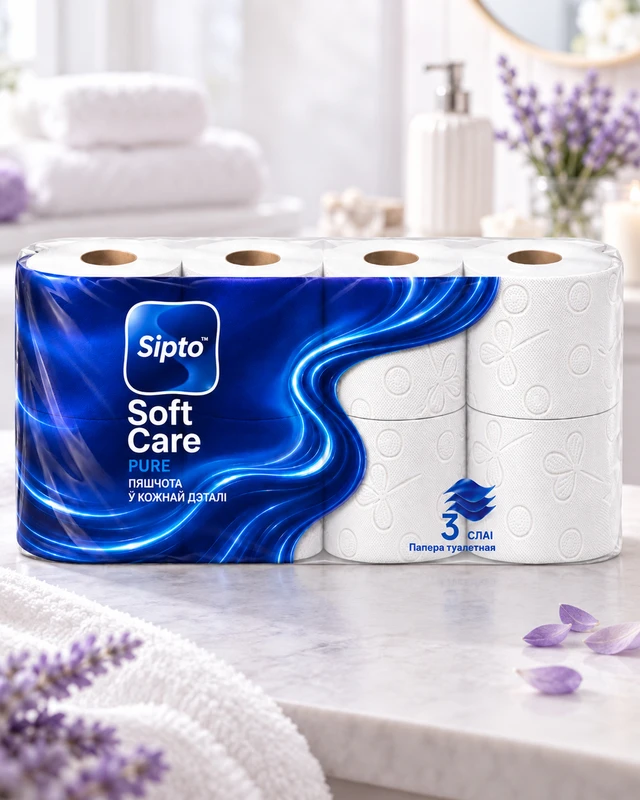 Туалетная бумага "Soft Care", Sipto, 3 слоя, 8 рулонов, в ассортименте