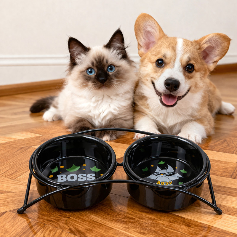 Набор керамических мисок на подставке, Pet Club, в ассортименте