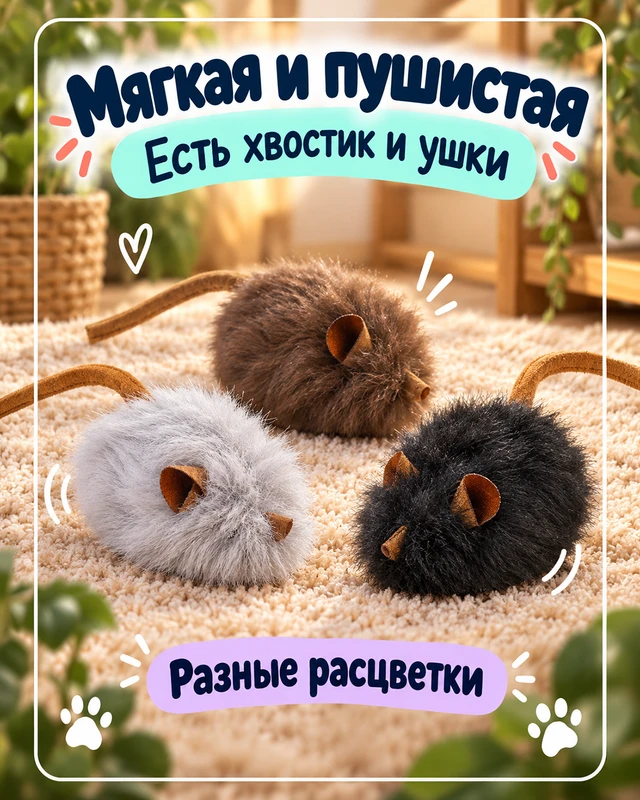 Игрушка для кошек "Мышка со звуком", Pet Club, 14х4 см, в ассортименте