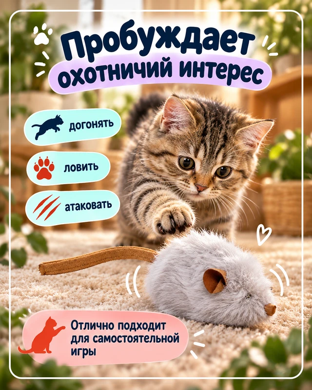 Игрушка для кошек "Мышка со звуком", Pet Club, 14х4 см, в ассортименте