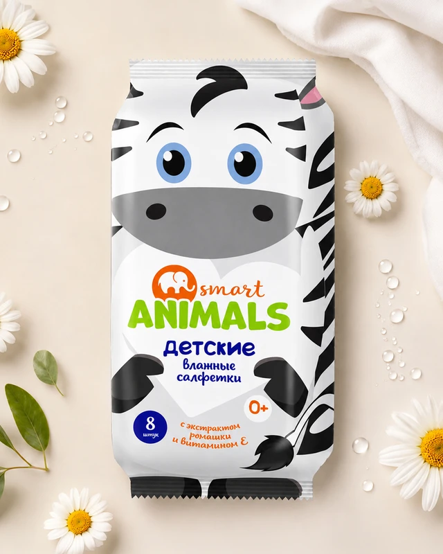 Салфетки влажные детские, Smart animals, 8 шт., в ассортименте