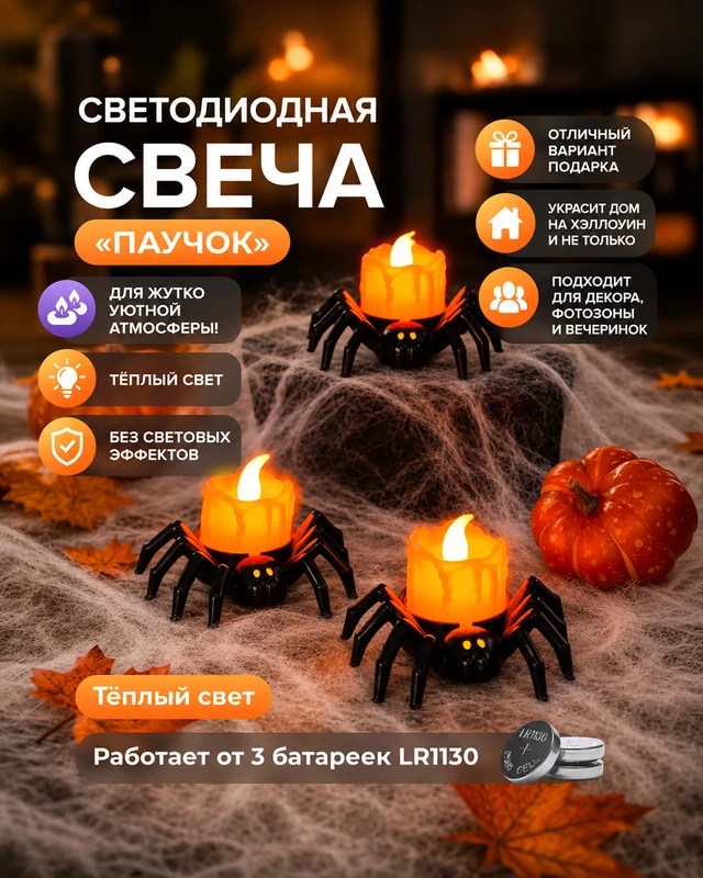 Свеча светодиодная "Паучок", в ассортименте