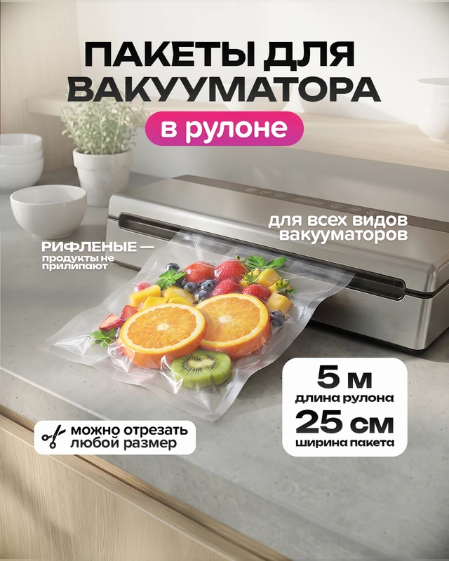 Пакеты для вакууматора в рулоне, 25 см x 5 м