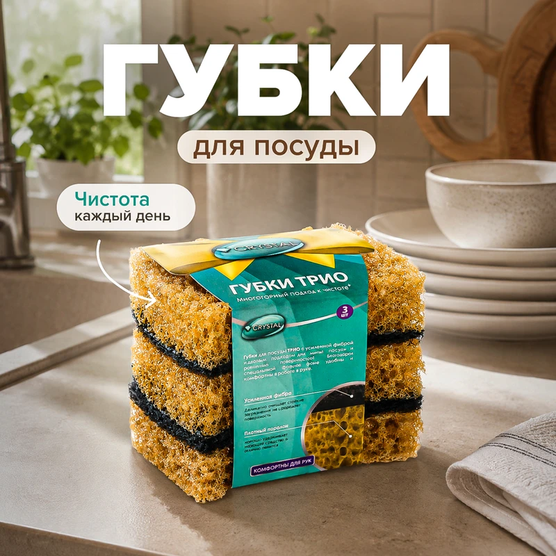 Губки для мытья посуды "ТРИО", CRYSTAL, 3 шт.