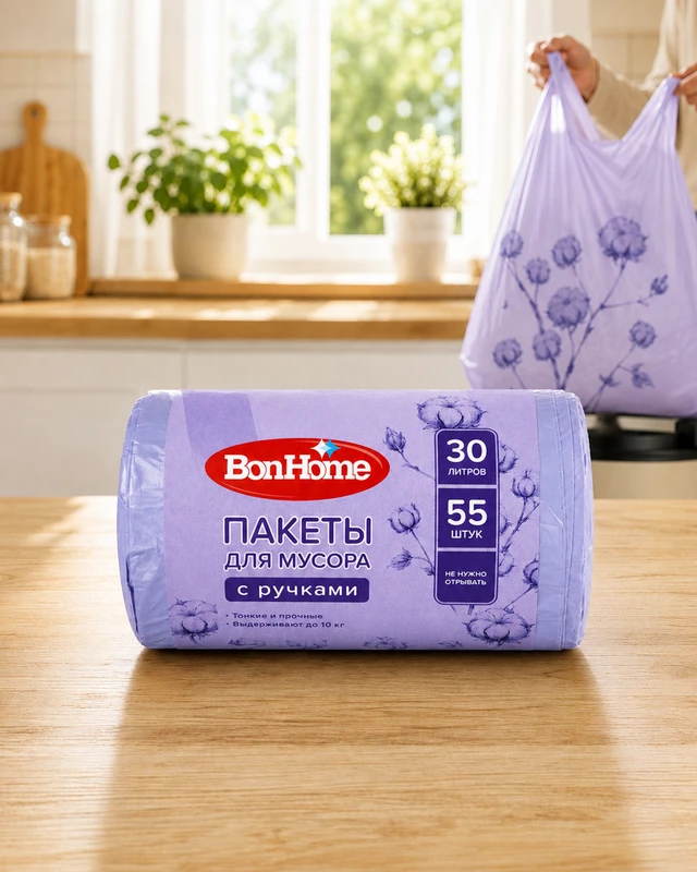 Пакеты для мусора с ручками с печатью, 30 л, 55 шт.