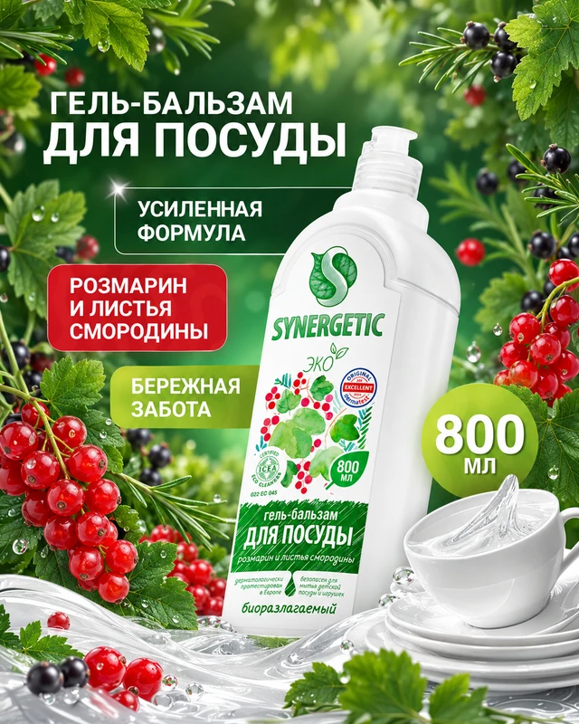 Гель-бальзам для посуды, SYNERGETIC, 800 мл, в ассортименте