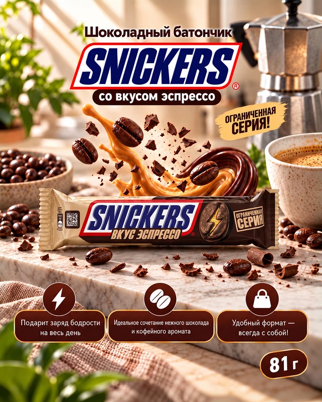 Шоколадный батончик со вкусом эспрессо, Snickers, 81 г