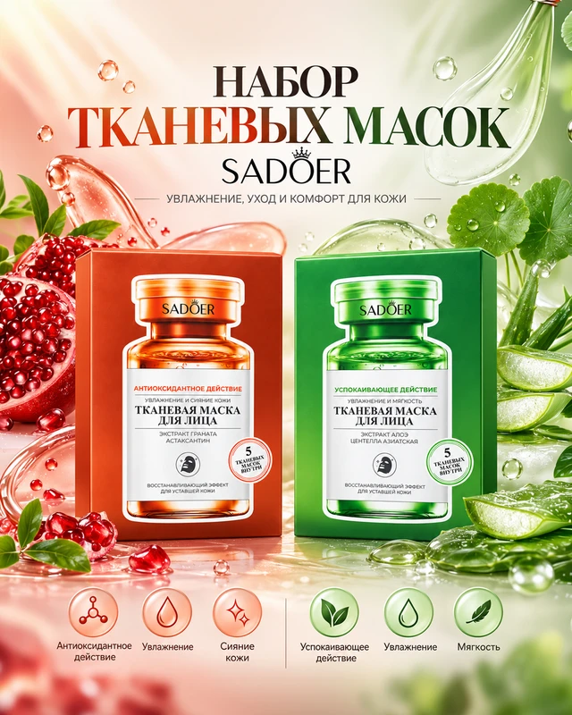Маска тканевая для лица, SADOER, 5x25 г, в ассортименте