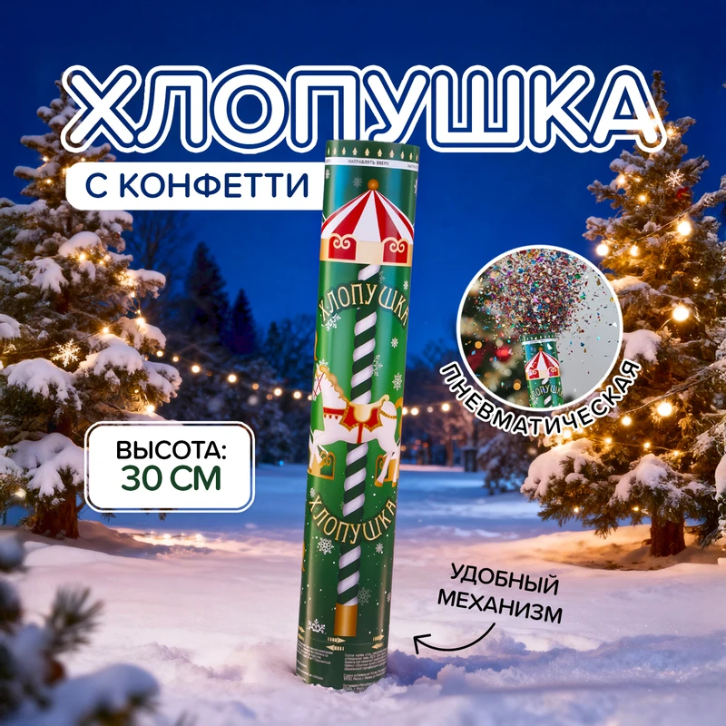 Хлопушка пневматическая с конфетти, 30 см, в ассортименте