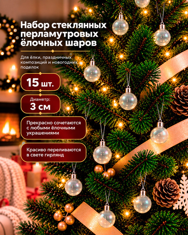Набор стеклянных перламутровых ёлочных шаров, Снежное кружево, 15 шт., в ассортименте.