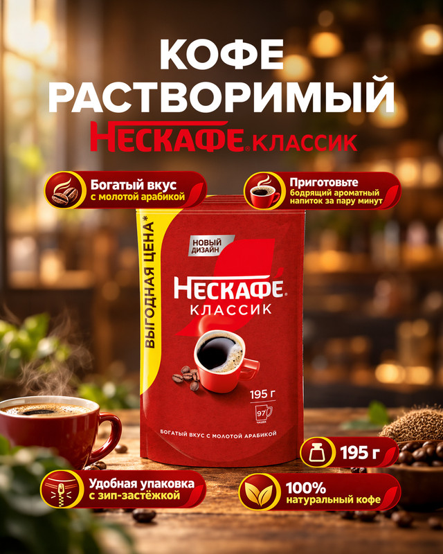 Кофе растворимый "Классик", Нескафе, 195 г