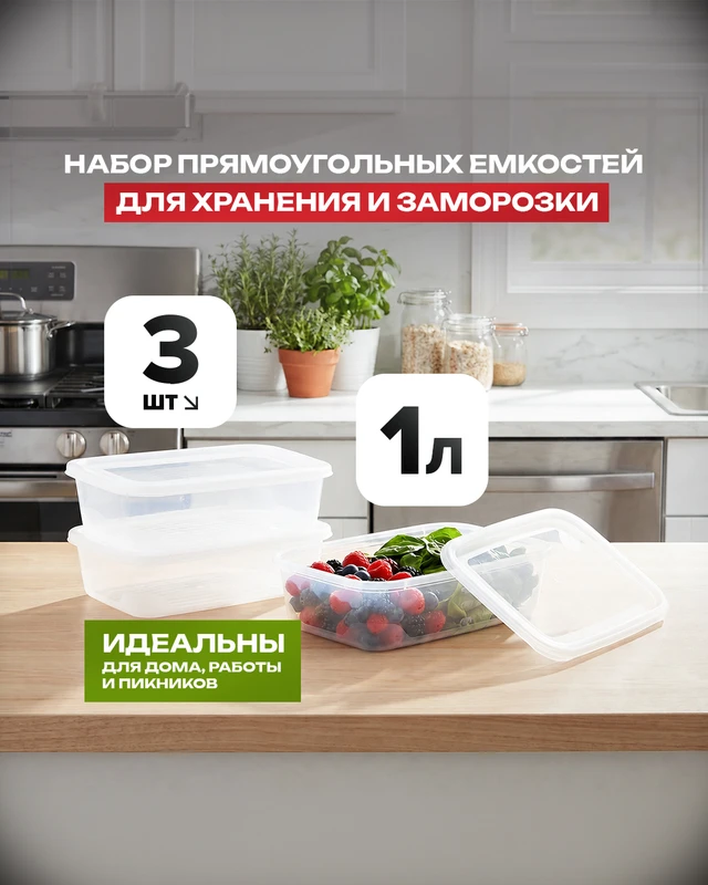 Набор прямоугольных ёмкостей для хранения и заморозки, FunCook, 1 л, 3 шт.
