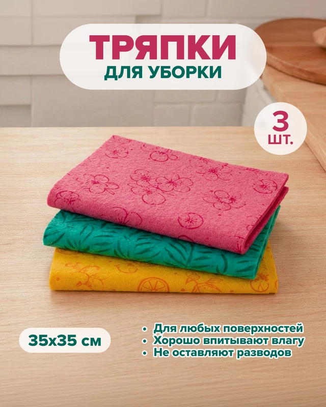 Тряпка для уборки, BonHome, 35х35 см, 3 шт., в ассортименте