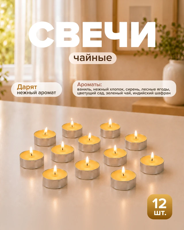 Свечи чайные, ароматизированные, 12 шт., в ассортименте
