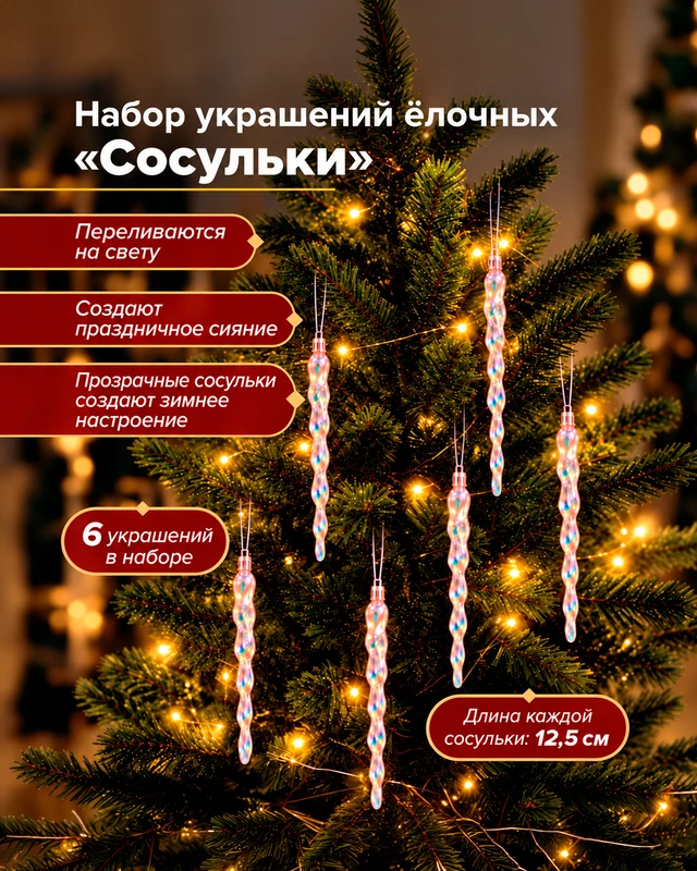 Украшение ёлочное "Сосульки", Снежное кружево, 6 шт., в ассортименте