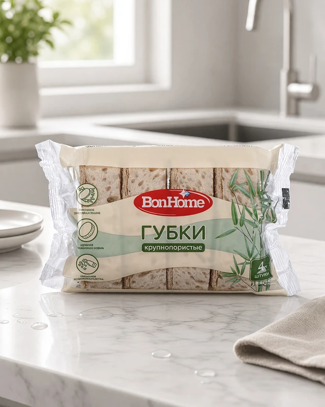 Губки крупнопористые, BonHome, 4 шт., в ассортименте