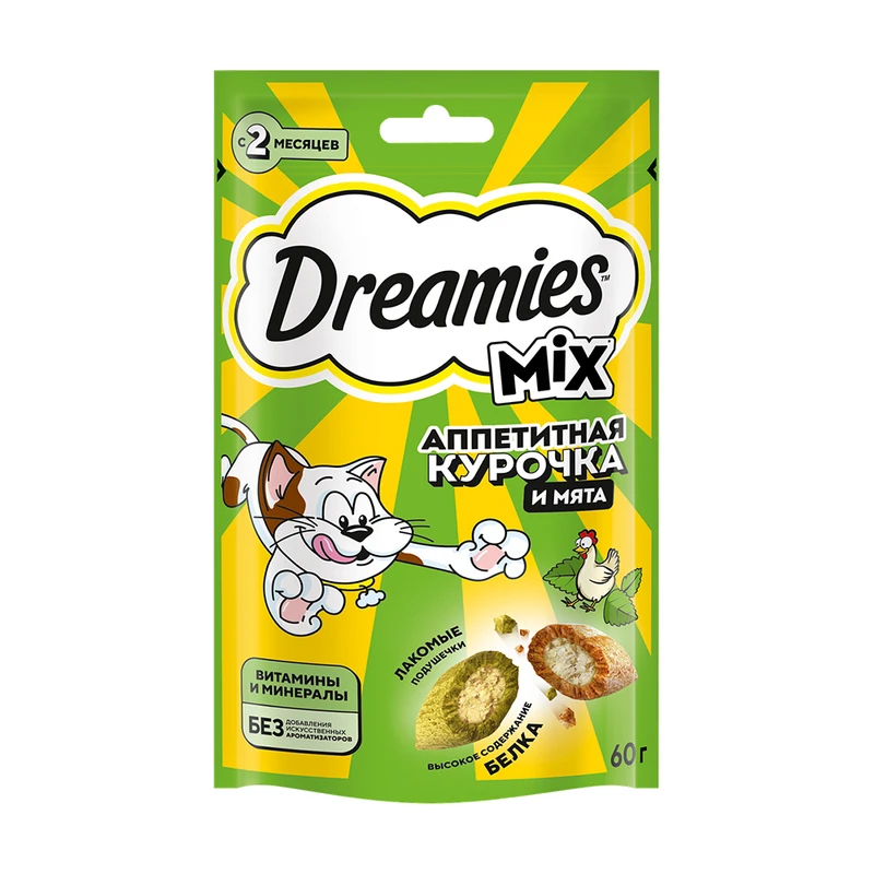 Лакомство для кошек, Dreamies, с курицей и кошачьей мятой, 60 г