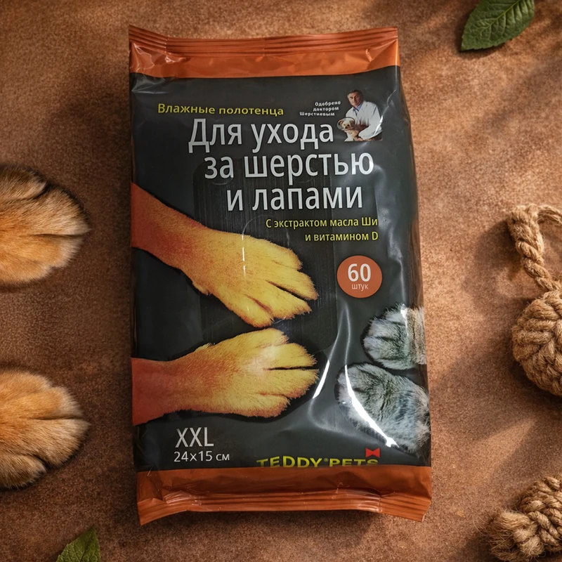 Влажные полотенца для ухода за шерстью и лапами, TEDDY PETS, 60 шт.