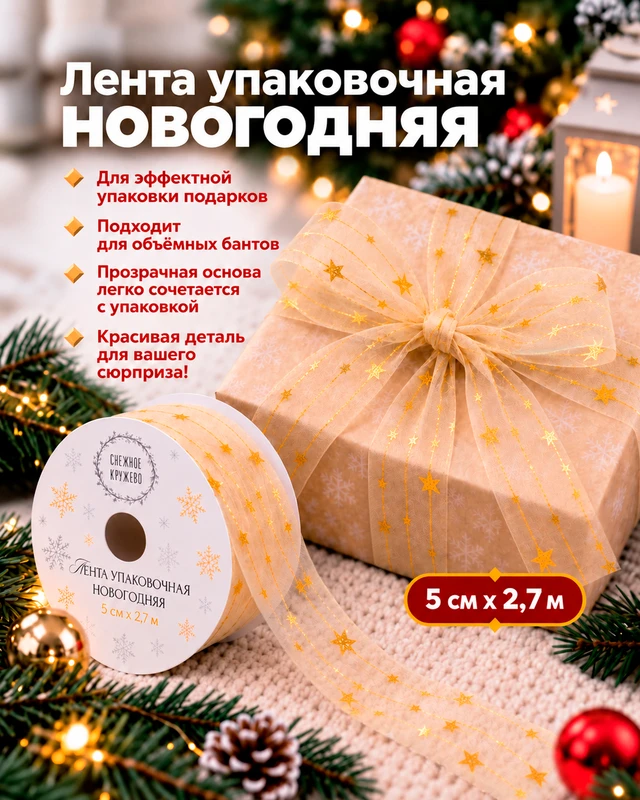 Лента упаковочная новогодняя, Снежное кружево, 5 см х 2,7 м, в ассортименте
