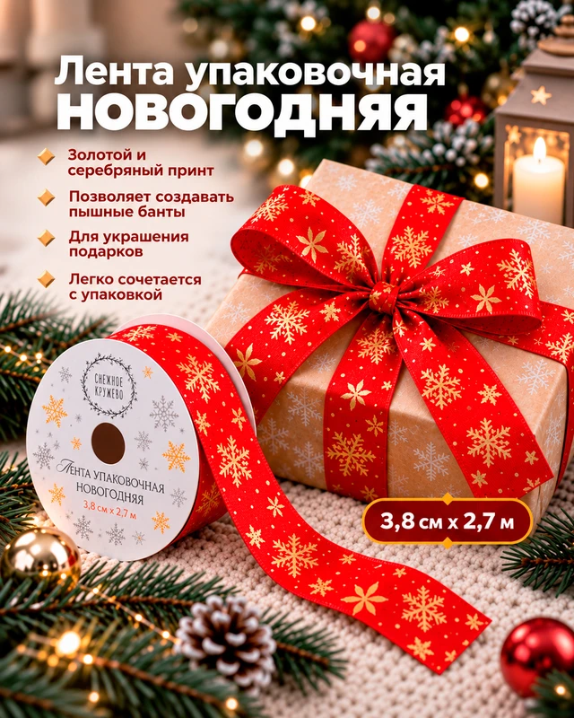 Лента упаковочная новогодняя, Снежное кружево, 3,8 см х 2,7 м, в ассортименте