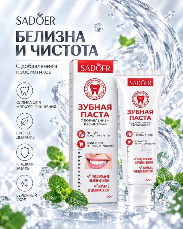Зубная паста с добавлением пробиотиков, SADOER, 100 г, в ассортименте